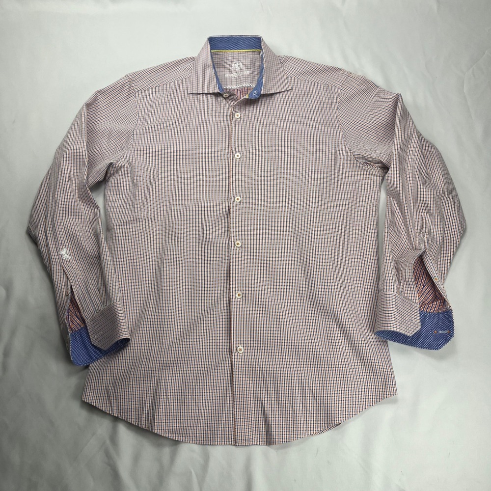 Bugatchi Button Up Shirt‎ Orange Blue Gingham Check Contrast Cuff 16.5 34/35